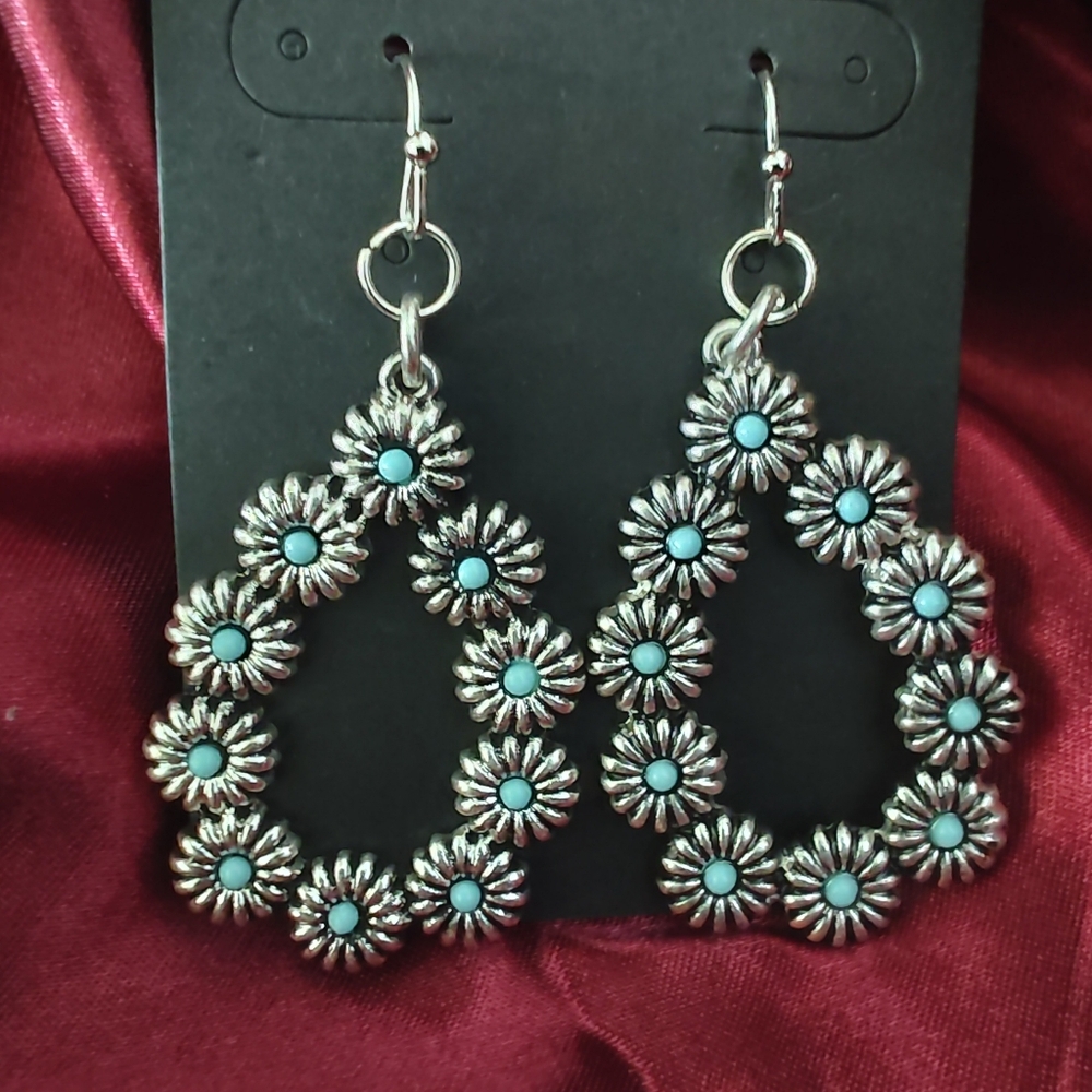 Floral Silver Tone and Turquoise Blue Tear Drop Earrings